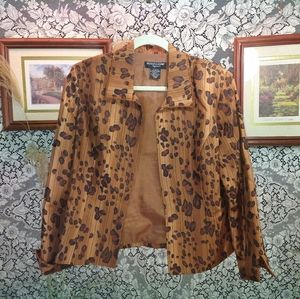 Russell Kemp leopard print 100% silk jacket beaded embellishments on collar edge
